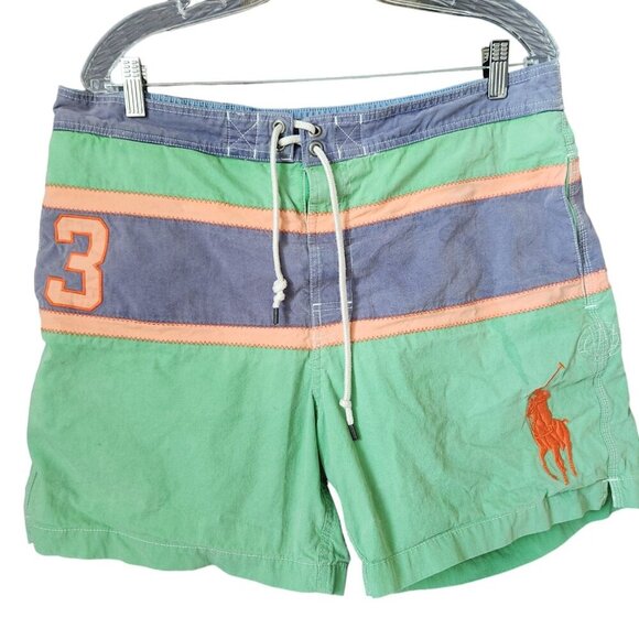 VTG Polo Ralph Lauren #3 Mercer RL Polo‎ Team Swim Trunks L Green Big Pony Lined - Picture 1 of 13